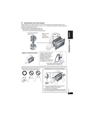 Page 2929
RQT8237
29
3Attaching the unit to the bracket.
While holding the unit with both hands, line up the unit just below the protruding sections on the 
bracket. Press the unit down about 4 to 5 mm (5/32Sto3/16S) so that the protrusions on the bracket fit into 
the holes on the bottom of the unit.
pPlease check the following points before use.
–The bracket is securely fastened to the unit.
–The unit is not loose and cannot be lifted upwards.
click!When correctly 
attached, 
you will hear a 
locking sound....