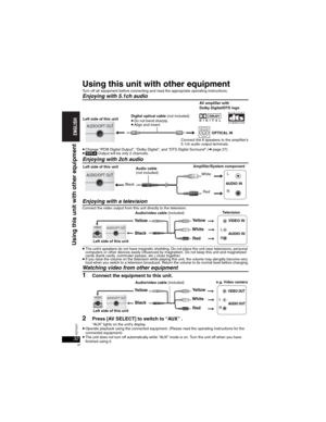 Page 3232RQT8237
32
Using this unit with other equipment
Turn off all equipment before connecting and read the appropriate operating instructions.
Enjoying with 5.1ch audio
pChange “PCM Digital Output”, “Dolby Digital”, and “DTS Digital Surround” (➜page 27).p[DVD-A] Output will be only 2 channels.
Enjoying with 2ch audio
Enjoying with a television
Connect the video output from this unit directly to the television.
pThe unit’s speakers do not have magnetic shielding. Do not place the unit near televisions,...