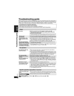 Page 3636RQT8237
36
Troubleshooting guide
Before requesting service, make the following checks. If you are in doubt about some of the check points, or 
if the solutions indicated in the chart do not solve the problem, refer to the “Customer Services Directory” on 
page 41 if you reside in the U.S.A., or refer to the “Product information” on page 41 if you reside in Canada. 
In other areas, consult your dealer for instructions. (Reference pages are shown in parentheses.)
The following do not indicate...