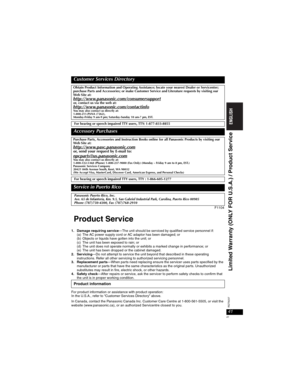 Page 4141
RQT8237
41
F1104
1. Damage requiring service—The unit should be serviced by qualified service personnel if:
(a) The AC power supply cord or AC adaptor has been damaged; or
(b) Objects or liquids have gotten into the unit; or
(c) The unit has been exposed to rain; or
(d) The unit does not operate normally or exhibits a marked change in performance; or
(e) The unit has been dropped or the cabinet damaged.
2. Servicing—Do not attempt to service the unit beyond that described in these operating...