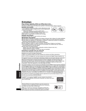 Page 466RQT8237
Entretien
Pour nettoyer l’appareil, utiliser un chiffon doux et sec.pUtiliser un nettoyant à lunettes pour retirer la saleté tenace de l’écran.pNe jamais utiliser d’alcool, de diluant pour peinture ni de benzène pour nettoyer l’appareil.Entretien de la lentillepSi de la poussière adhère à la lentille, la retirer délicatement à l’aided’un soufflet pour objectif d’appareil photo (vendu séparément).pProduit recommandé:
Trousse de nettoyage pour lentille (SZZP1038C) 
(Disponible auprès des...