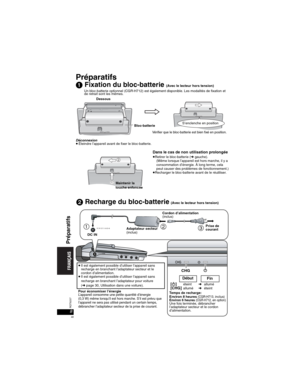 Page 488RQT8237
Préparatifs
 Fixation du bloc-batterie (Avec le lecteur hors tension)
Un bloc-batterie optionnel (CGR-H712) est également disponible. Les modalités de fixation et 
de retrait sont les mêmes.
Déconnexion
pÉteindre l’appareil avant de fixer le bloc-batterie.
Dans le cas de non utilisation prolongéepRetirer le bloc-batterie (➜ gauche). 
(Même lorsque l’appareil est hors marche, il y a 
consommation d’énergie. À long terme, cela 
peut causer des problèmes de fonctionnement.)
pRecharger le...