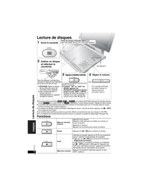 Page 5212RQT8237
Lecture de disques
pPour faire la lecture de fichiers [JPEG],[MP3] ou [MPEG4] sur un disque DVD-RAM contenant des données dans les 
formats [DVD-VR] et un autre format  (ex. [JPEG]), sélectionner “Lecture disque données” (➜page 25, Menu Autres).pLe lecteur est automatiquement mis hors marche s’il est laissé plus de 15 minutes dans le mode 
arrêt (5 minutes avec le bloc-batterie).
pLa rotation du disque continue pendant l’affichage du menu. Une fois terminé, appuyer sur [w, –OFF]
pour préser ver...