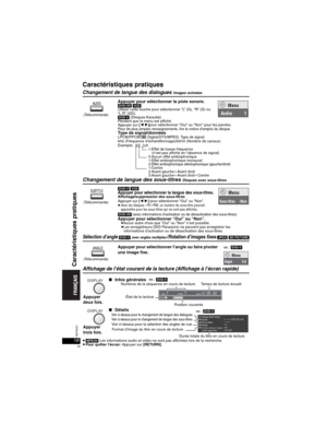 Page 5818RQT8237
Caractéristiques pratiques
Changement de langue des dialoguesImages animées
Changement de langue des sous-titresDisques avec sous-titres
Sélection d’angle[DVD-V]avec angles multiples/Rotation d’images fixes[JPEG] [SD[PICTURE]
Affichage de l’état courant de la lecture (Affichage à l’écran rapide)
p[MPEG4]Les informations audio et vidéo ne sont pas affichées lors de la recherche.pPour quitter l’écran: Appuyer sur [RETURN].
Appuyer pour sélectionner la piste sonore.[DVD-VR] [VCD] 
Utiliser cette...