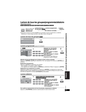Page 5919
RQT8237
Lecture de tous les groupes/programmée/aléatoire
[Télécommande\seulement] 
[DVD-A] [DVD-V] [VCD] [CD] [WMA] [MP3] [JPEG] [MPEG4] [SD[PICTURE] [SD[VIDEO]
Lecture de tous 



Lecture programmée 



Lecture
les groupes ([DVD-A]) aléatoire











Non (lecture normale)








pDésactiver la lecture au format HighMAT pour permettre la lecture programmée ou aléatoire. 
Sélectionner “Lecture disque données” dans Menu Autres (➜page 25).
Lecture de tous les groupes[DVD-A]
Lecture...