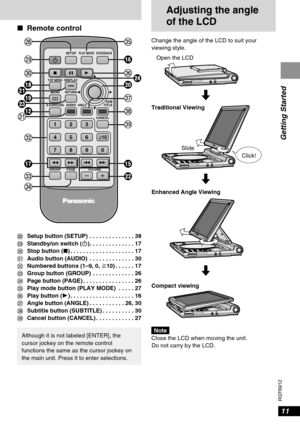 Page 1111
RQT6912
Getting Started
∫Remote control
∫;1
:9
r s
65
123
456
7890
S10
ÍSETUP
TOP MENUDISPLAY
MENU
RETURN
GROUP PAGE VOLUME
A.SURROUND ANGLEAUDIOSUB
-TITLE
PLAY MODE DVD/SD/AUX
CANCEL
L
M
N
B
C
<
A P
Q
R E
G
OS
@
T
H
D
U
V
? W
F
LSetup button (SETUP) . . . . . . . . . . . . . . 38
MStandby/on switch (Í). . . . . . . . . . . . . . 17
NStop button (∫) . . . . . . . . . . . . . . . . . . . . 17
OAudio button (AUDIO) . . . . . . . . . . . . . . 30
PNumbered buttons (1–9, 0, S10) . . . . . . 17
QGroup...