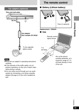 Page 1515
RQT6912
Getting Started
Car adaptor (optional)
Note
≥Read the car adaptor’s operating instructions
carefully.
≥In the interests of the traffic safety, do not
perform operations on the unit or watch video
while driving a vehicle.
≥You can enjoy sound through your car audio
system by connecting a car stereo cassette
adaptor (➡page 4) to this unit’s headphone
jack.
DC IN 9VË
ËDC IN
To the cigarette
lighter socket  Car adaptor
Part number DY-DC95 This unit (Left side)
12
3
Face +upwards.
Aim at the...