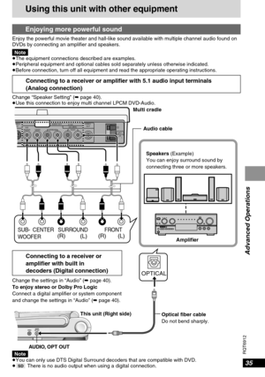 Page 3535
RQT6912
Advanced Operations
Enjoying more powerful sound
Enjoy the powerful movie theater and hall-like sound available with multiple channel audio found on
DVDs by connecting an amplifier and speakers.
Note
≥The equipment connections described are examples.
≥Peripheral equipment and optional cables sold separately unless otherwise indicated.
≥Before connection, turn off all equipment and read the appropriate operating instructions.
Change the settings in “Audio” (➡page 40).
To enjoy stereo or Dolby...