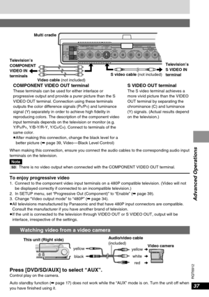 Page 3737
RQT6912
Advanced Operations
Press [DVD/SD/AUX] to select “AUX”.Control play on the camera.
Auto standby function (➡page 17) does not work while the “AUX” mode is on. Turn the unit off when
you have finished using it.yellow yellow
blackwhite
red Audio/video cable
(included) This unit (Right side)
Video camera
SPEAKERHAUT 
PARLEUR
COMPONENT VIDEO OUT
S VIDEO 
OUT
(480P/480I)YPBPRSUB 
WOOFERCENTER SORROUNDAUDIO OUTVIDEO 
OUT5.1ch
2ch (MIX)FRONT
RLRLR4≠
+
-
Television’s
COMPONENT
VIDEO IN...