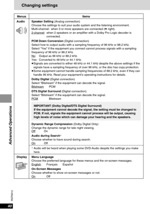 Page 4040
RQT6912
Advanced Operations
Changing settings
Menus
Audio
Display
Items
Speaker Setting(Analog connection)
Choose the settings to suit your audio system and the listening environment.
Multi-channel: when 3 or more speakers are connected (➡right).
2-channel
: when 2 speakers or an amplifier with a Dolby Pro Logic decoder is
connected.
PCM Down Conversion(Digital connection)
Select how to output audio with a sampling frequency of 96 kHz or 88.2 kHz.
Select “Yes” if the equipment you connect cannot...