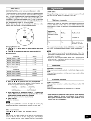 Page 2121
RQT6270
Advanced operations
Delay time (b)
[DVD-V] (Dolby Digital, center and surround speakers only)
For optimum listening with 5.1-channel sound, all the speakers, except
for the subwoofer, should be the same distance from the seating posi-
tion. If you have to place the center or surround speakers closer to the
seating position, adjust the delay time to make up for the difference.
If distance d (from the center speaker) and f (from the surround
speakers) are the same as or greater than e (from the...