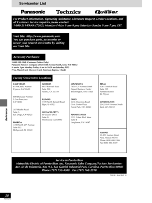 Page 28RQT6270
28
Reference
For Product Information, Operating Assistance, Literature Request, Dealer Locations, and
all Customer Service inquiries please contact:
1-800-211-PANA (7262), Monday–Friday 9 am–9 pm; Saturday–Sunday 9 am–7 pm, EST.
1-800-332-5368 (Customer Orders Only)
Panasonic Services Company 20421 84th Avenue South, Kent, WA 98032
(6 am to 5 pm Monday–Friday; 6 am to 10:30 am Saturday; PST)
(Visa, MasterCard, Discover Card, American Express, Check)
Web Site: http://www.panasonic.com
You can...