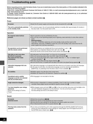 Page 26Reference
RQT6012
26
Troubleshooting guide
Before requesting service, make the below checks. If you are in doubt about some of the check points, or if the remedies indicated in the
chart do not solve the problem:
In the U.S.A., contact the Panasonic Customer Call Center at 1-800-211-7262, or e-mail consumerproducts@panasonic.com, or web site
(http://www.panasonic.com).
In Canada, contact Panasonic Canada Inc. Customer Care Centre at 1-800-561-5505, web site (www.panasonic.ca), or an authorized...