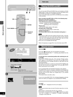 Page 10Basic operations
RQT6012
10
B
A
Press PLAY to Preview Chapters
POWER
STOPPAUSEPLAY
OPEN/CLOSE
SKIP
TOP MENUMENU
DISPLAY
PLAY MODESUBTITLEAUDIO ANGLE
ENTERRETURN
123A-B REPEAT456
789
ACTION CANCEL0S10
6 :9 5∫;1SLOW  / SEARCH
V.S.S.
<
REPEAT MODE
Í
PGM RND
DVDVCDA-B
VIDEO
1  2  3  4  5  6  7  8  9
PGM RND
DVD V CDA-BTITLE TRACK CHAP V.S.S.BASSCINEMA
VIDEO MP3
1/  59C0 : 01
b
a
c
d
OPEN/CLOSERANDOMPROGRESSIVE  
OUT
DIALOGUE
ENHANCER ADVANCED
SURROUND ONE TOUCH
CINEMA MEMORYBASS
PLUS
CINEMA
POWER
V. S . S ....