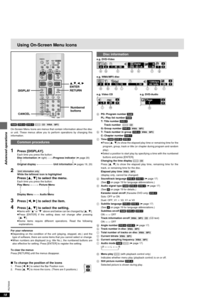 Page 1818
RQT6549
Advanced operations
SLEEP POWER
SETUPOPEN/CLOSE
SLOW/SEARCHSKIP
STOP PLAY
PAUSE
MENU TOP MENUDIRECT
NAVIGATORPLAY LIST
ENTER
DISPLAY
SUBTITLE
PROGRAM
RANDOM
REPEAT
A-B REPEATCANCELAUDIO ANGLE
QUICK REPLAYRETURN
010
123
456
789
A.SRDCINEMA
D.ENH AUDIO ONLY
DVD PLAYER
RETURN 3,4,2, 1
ENTER
DISPLAY
CANCEL
Disc information
e.g. DVD-Video
e.g. WMA/MP3 disc
e.g. Video CD e.g. DVD-Audio
aPG: Program number [RAM]
PL: Play list number [RAM]
T: Title number [DVD-V]
Track number[VCD] [CD]
G: Group...