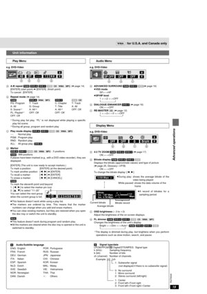 Page 1919
RQT6549
Advanced operations
Audio Menu
e.g. DVD-Video
a
ADVANCED SURROUND [RAM] [DVD-V] [VCD](➡ page 16)
≥VSS mode
SP()HP
≥SP/HP level
1 ()2 ()OFF
^-----------------------J
bDIALOGUE ENHANCER [DVD-V] (➡ page 16)
ON ()OFF
cRE-MASTER [CD] (➡ page 12)
1 ()2()3 ()OFF
^-----------------------------------J
Unit information
Play Menu
e.g. DVD-Video
aA-B repeat [RAM] [DVD-A] [DVD-V] [VCD] [CD] [WMA] [MP3] (➡ page 14)
[ENTER] (start point) ➡ [ENTER]  (finish point)
To cancel: [ENTER]
bRepeat mode (➡ page 14)...