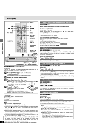 Page 1010
RQT6549
Basic operations
[1]
[2]
RETURN 3,4,2, 1
ENTER MENU
[4]
6, 5
∫ :, 9
;
TOP MENU
SUBTITLE
SLEEPSETUPOPEN/CLOSE
SLOW/SEARCH
SKIP
STOP PLAY
PAUSE
MENU TOP MENUDIRECT
NAVIGATORPLAY LIST
ENTER
DISPLAY
SUBTITLE
PROGRAM
RANDOM
REPEAT
A-B REPEATCANCELAUDIO ANGLERETURN010
123
456
789
A.SRD
ZOOMPOSITION
MEMORYCINEMA
D.ENH AUDIO ONLY
PAGE
GROUP
QUICK
REPLAY
POSITION
MEMORY
POWER
QUICK REPLAY
SLEEP
POWERÍ/IMULTI CH AUDIO ONLYRE-MASTERPROGRESSIVE OUTOPEN/CLOSEQUICK REPLAY
6, 5
:, 9
[1] [2] [4][3]∫
;QUICK...