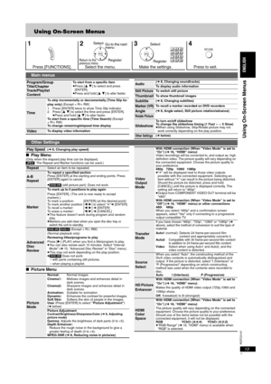 Page 13RQTC0147
13
Using On-Screen Menus
∫Play Menu(Only when the elapsed play time can be displayed,
[JPEG]: The Repeat and Marker functions can be used.)
∫Picture Menu
12 3 4
Press [FUNCTIONS]. Select the menu. Make the settings. Press to exit.
Select
Go to the next 
menu
Register
Return to the previous menuRegister Select
RETURN
Main menus
Program/Group
Title/Chapter
Track/Playlist
ContentTo start from a specific item
≥Press [3 4] to select and press 
[ENTER].
≥Press and hold [3 4] to alter faster.
Time
To...