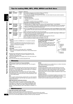 Page 20RQTC0147
20
Tips for making WMA, MP3, JPEG, MPEG4 and DivX discs
§1CD-R/RW
≥Discs must conform to ISO9660 level 1 or 2 (except for extended 
formats).
≥This unit is compatible with multi-session but if there are a lot of 
sessions it takes more time for play to start. Keep the number of 
sessions to a minimum to avoid this.
§2DVD-RAM
Discs must conform to UDF 2.0.
§3DVD-R/RW
≥Discs must conform to UDF bridge (UDF 1.02/ISO9660).
≥This unit is not compatible with multi-session. Only the default session 
is...