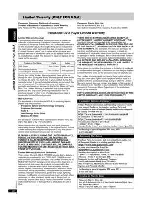 Page 22RQTC0147
22
Limited Warranty (ONLY FOR U.S.A)
Panasonic Consumer Electronics Company,
Division of Panasonic Corporation of North America
One Panasonic Way Secaucus, New Jersey 07094Panasonic Puerto Rico, Inc.
Ave. 65 de Infantería, Km. 9.5
San Gabriel Industrial Park, Carolina, Puerto Rico 00985
Panasonic DVD Player Limited Warranty
Limited Warranty Coverage
If your product does not work properly because of a defect in 
materials or workmanship, Panasonic Consumer Electronics 
Company or Panasonic Puer...