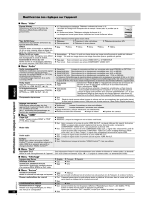Page 38RQTC0147
16
Modification des réglages sur l’appareil
∫Menu “Vidéo” 
∫
Menu “Audio”
∫Menu “HDMI”  
∫Menu “DivX”
∫Menu “Affichage” 
∫Menu “Autres” 
Format d’écran
Sélectionner le format en fonction du 
téléviseur utilisé et des préférences 
personnelles.≥ 4:3 Panoramique et balayage: Téléviseur ordinaire de format (4:3)
Les côtés de l’image sont tronqués afin de remplir l’écran (sauf si prohibé par le 
disque).
≥ 4:3 Boîtes aux lettres: Téléviseur ordinaire de format (4:3) 
Les images au format grand écran...