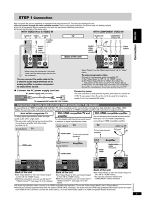 Page 5RQTC0147
5
STEP 1 Connection
≥Do not place the unit on amplifiers or equipment that may become hot. The heat can damage the unit.
≥Do not connect through the video cassette recorder. Due to copy guard protection, the picture may not display properly.
≥Turn off all equipment before connection and read the appropriate operating instructions.
≥Connect the terminals of the same color.
∫Connect the AC power supply cord lastConserving powerThis unit consumes a small amount of power, even when it is turned off...