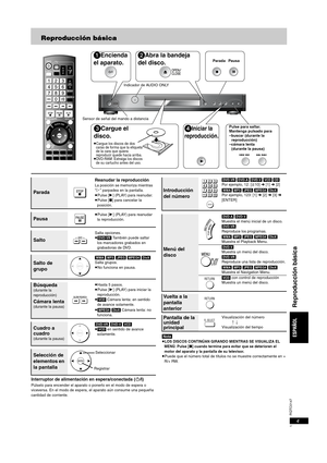 Page 47RQTC0147
4
Reproducción básica
Interruptor de alimentación en espera/conectada (Í/I)
Púlselo para encender el aparato o ponerlo en el modo de espera o 
viceversa. En el modo de espera, el aparato aún consume una pequeña 
cantidad de corriente.
[Nota]≥LOS DISCOS CONTINÚAN GIRANDO MIENTRAS SE VISUALIZA EL 
MENÚ. Pulse [∫] cuando termine para evitar que se deterioren el 
motor del aparato y la pantalla de su televisor.
≥Puede que el número total de títulos no se muestre correctamente en + 
R/+ RW.
Pulse...