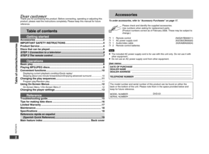 Page 2
RQTC0074
2

Accessories
Table of contents
Dear customerThank you for purchasing this product. Before connecting, operating or adjusting this product, please read the instructions completely. Please keep this manual for future reference.
Getting startedAccessories ........................................................................\
.........................2IMPORTANT SAFETY INSTRUCTIONS  ......................................................4Product Service...