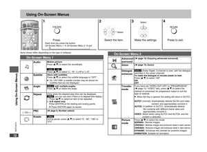 Page 12
RQTC0074
12

Using On-Screen Menus
On-Screen Menu 1
On-Screen Menu 2
1234
Press.Select the item.Make the settings.Press to exit.
Select
Select
Using On-Screen Menus
Items shown differ depending on the type of software.
AudioMotion picturePress [e r] to select the soundtrack.
VCD CDPress [e r] to select “L”, “R”, “L4R”or “L R”.
SubtitleDiscs with subtitlesPress [e r] to select the subtitle language or “OFF”.On 4R/4RW, a subtitle number may be shown for subtitles that are not displayed.•
AngleDVD-V with...