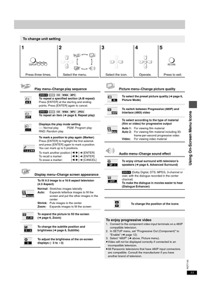 Page 11RQT7135
11
Play menu–Change play sequence
Display menu–Change screen appearancePicture menu–Change picture quality
Audio menu–Change sound effect
To change unit setting
12 345
Press three times. Select the menu. Select the icon. Operate. Press to exit.
DISPLAYENTERENTERENTERRETURN
[DVD-V] [VCD] [CD] [WMA] [MP3]
To repeat a specified section (A-B repeat)
Press [ENTER] at the starting and ending 
points. Press [ENTER] again to cancel.
[DVD-V] [VCD] [CD] [WMA] [MP3] [JPEG]
To repeat an item (➜ page 8,...