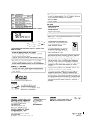 Page 20C 2003 Matsushita Electric Industrial Co., Ltd.
RQT7135-P
F0703YU0
 (Inside of product)
The laser product label has not been attached to products for the 
U.S.A. and Canada.
Except for U.S.A. and Canada
[\For\U.S.A.]
User memo:
Units for the Middle East, South Africa and Asia
THIS UNIT IS INTENDED FOR USE IN TROPICAL CLIMATES.
Units for Australia, N.Z. and Russia
THIS UNIT IS INTENDED FOR USE IN MODERATE CLIMATES.
This product may receive radio interference caused by mobile 
telephones during use. If...