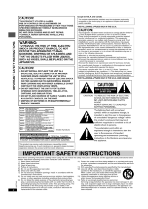 Page 2RQT7240
2
Except for U.S.A. and Canada
THE FOLLOWING APPLIES ONLY IN THE U.S.A.
THE FOLLOWING APPLIES ONLY IN THE U.S.A. AND CANADA
Read these operating instructions carefully before using the unit. Follow the safety instructions on the unit and the applicable safety instructions listed 
below. Keep these operating instructions handy for future reference.
1) Read these instructions.
2) Keep these instructions.
3) Heed all warnings.
4) Follow all instructions.
5) Do not use this apparatus near water.
6)...