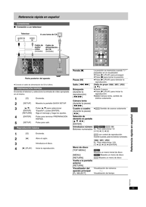 Page 15RQT7240
15
Referencia rápida en español
∫Conexión a un televisor
≥Conecte el cable de alimentación de CA el último. 
Encienda el televisor y seleccione la entrada de vídeo apropiada 
en el mismo.
Conexiones
PREPARACIÓN RÁPIDA
1[Í]Encienda.
2[SETUP]Muestra la pantalla QUICK SETUP.
3[3 4]
[ENTER]
[RETURN]Pulse [3 4] para seleccionar 
“Español” y pulse [ENTER].
Siga el mensaje y haga los ajustes.
4[ENTER]Pulse para terminar PREPARACIÓN 
RÁPIDA.
5[SETUP]Pulse para salir.
Reproducción básica
1[Í]Encienda.
2[