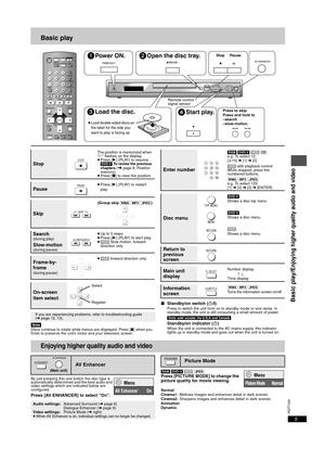 Page 5RQT7240
5
Basic play
[Note]Discs continue to rotate while menus are displayed. Press [∫] when you 
finish to preserve the unit’s motor and your television screen.
∫Standby/on switch (Í/I)Press to switch the unit from on to standby mode or vice versa. In 
standby mode, the unit is still consuming a small amount of power.
\Units\sold\outside\the\U.S.A\and\Canada\
Standby/on indicator (Í)When the unit is connected to the AC mains supply, this indicator 
lights up in standby mode and goes out when the unit...