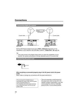 Page 1414
Connections
Connecting digital AV receiver
AV OUTDI G I T A L A U DI O  O U T(PCM/ BITSTREAM)
VIDEO OUT
COMPONENT VI DEO OUTAUDI O OUT
VIDEO O UT
AUDI O OUTCOMPONENT VIDEO OUT
DIGITAL A UDI O O UT
(PCM /B ITSTREAM)
DVD-S58 DVD-S38
COAXIAL INCOAXIAL IN
Coaxial cableAV Receiver
Coaxial cable
Set the DVD Player’s Digital Audio Out to PCM or Bitstream depending on the 
capabilities of your Receiver (see DVD Menu options > {Audio Out}). ( 