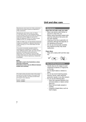 Page 44
Manufactured under license from Dolby Laboratories.
Dolby and the double-D symbol are trademarks of 
Dolby Laboratories.
Manufactured under license under U.S. Patent 
#: 5,451,942 & other U.S. and worldwide patents 
issued & pending. DTS and the Symbol are registered 
trademarks and DTS Digital Out and the DTS 
logos are trademarks of DTS, Inc. Product includes 
software. © DTS, Inc. All Rights Reserved.
HDMI, the HDMI Logo, and High-Deﬁ nition Multimedia 
Interface are trademarks or registered...