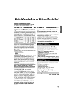 Page 3333
ENGLISH
Limited Warranty (Only for U.S.A. and Puerto Rico)
Panasonic Consumer Electronics Company,
Division of Panasonic Corporation of North America
One Panasonic Way, Secaucus, New Jersey 07094
Panasonic Blu-ray and DVD Products Limited Warranty
Limited Warranty Coverage (For U.S.A. and Puerto Rico 
Only)
If your product does not work properly because of a defect in materials 
or workmanship, Panasonic Consumer Electronics Company (referred to 
as “the warrantor”) will, for the length of the period...