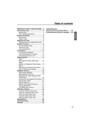Page 55
ENGLISH
IMPORTANT SAFETY INSTRUCTIONS ... 2
Unit and disc care ..................................... 4Maintenance .......................................... 4
Disc handling precautions ...................... 4
General Information ................................. 6 Accessories ............................................ 6
Region codes ......................................... 6
Playback from disc ................................... 7 Playable discs and supported formats ... 7
Product Overview...
