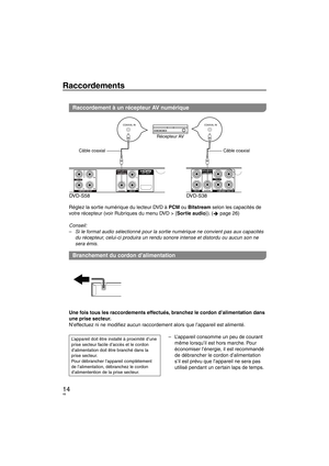 Page 4814
Raccordements
Raccordement à un récepteur AV numérique 
AV OUTDI G I T A L A U DI O  O U T(PCM/ BITSTREAM)
VIDEO OUT
COMPONENT VI DEO OUTAUDI O OUT
VIDEO O UT
AUDI O OUTCOMPONENT VIDEO OUT
DIGITAL A UDI O O UT
(PCM /B ITSTREAM)
DVD-S58 DVD-S38
COAXIAL INCOAXIAL IN
Câble coaxialRécepteur AV
Câble coaxial
Réglez la sortie numérique du lecteur DVD à PCM ou Bitstream selon les capacités de 
votre récepteur (voir Rubriques du menu DVD > {Sortie audio}). ( 