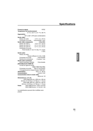 Page 6329
FRANÇAIS
Spéciﬁ cations
63
Format du signal:  NTSC
Température de fonctionnement: +5 °C à +35 °C (+41 °F à +95 °F)
Hygrométrie: 20 % à 80 % HR (sans condensation)
Sortie vidéo: Niveau de sortie:   1,0 V c.-à-c. (75 Ω)
Connecteur de sortie:       Fiche femelle (1 jeu)
Sortie vidéo composante:   (480p/480i)
Niveau de sortie Y:   1,0 V c.-à-c. (75 Ω)
Niveau de sortie P
B:   0,7 V c.-à-c. (75 Ω)
Niveau de sortie PR:   0,7 V c.-à-c. (75 Ω)
Connecteur de sortie:
  Fiche femelle (Y: vert, P
B: bleu, PR:...