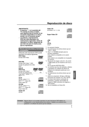 Page 737
ESPAÑOL
Reproducción de disco
¡IMPORTANTE!Si aparece ‘ :’ en la pantalla del 
TV cuando se pulsa un botón, 
esto signiﬁ  ca que la función no se 
encuentra disponible en el disco 
actual o en el momento actual.
Los discos y reproductores 
DVD han sido diseñados con 
restricciones regionales. Antes de 
reproducir un disco, asegúrese de 
que éste sea para la misma zona 
que su reproductor.
Discos reproducibles y formatos 
compatibles
Utilizando este reproductor DVD puede 
reproducir los discos...