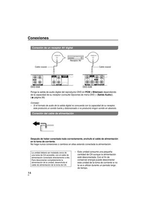 Page 8014
Conexiones
Conexión de un receptor AV digital
AV OUTDI G I T A L A U DI O  O U T(PCM/ BITSTREAM)
VIDEO OUT
COMPONENT VI DEO OUTAUDI O OUT
VIDEO O UT
AUDI O OUTCOMPONENT VIDEO OUT
DIGITAL A UDI O O UT
(PCM /B ITSTREAM)
DVD-S58 DVD-S38
COAXIAL INCOAXIAL IN
Cable coaxialReceptor AV
Cable coaxial
Ponga la salida de audio digital del reproductor DVD en PCM o Bitstream dependiendo 
de la capacidad de su receptor (consulte Opciones de menú DVD > {Salida Audio}). 
(