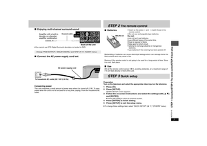 Page 77RQTC0115
∫Enjoying multi-channel surround sound≥You cannot use DTS Digital Surround decoders not suited to DVD.∫Connect the AC power supply cord lastConserving powerThis unit consumes a small amount of power even when it is turned off (1 W). To save 
power when the unit is not to be used for a long time, unplug it from the household AC 
outlet.Change “PCM OUTPUT”, “DOLBY DIGITAL” and “DTS” (➜17, “AUDIO” menu).
COAXIAL IN
Amplifier with a built-in 
decoder or a decoder-
amplifier combinationCoaxial...