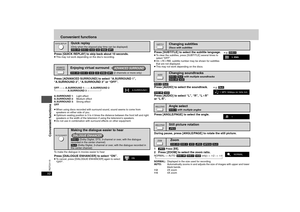 Page 1010
RQTC0115
Convenient functions
Press [QUICK REPLAY] to skip back about 10 seconds.≥This may not work depending on the disc’s recording.Press [ADVANCED SURROUND] to select “A.SURROUND 1”, 
“A.SURROUND 2”, “A.SURROUND 3” or “OFF”.OFF-----) A.SURROUND 1-----) A.SURROUND 2
^--------------------A.SURROUND 3 (-----------------b
A.SURROUND 1: Light effect
A.SURROUND 2:Medium effect
A.SURROUND 3: Strong effect
OFF
≥When using discs recorded with surround sound, sound seems to come from 
speakers on either side...