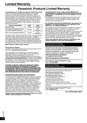 Page 1414
VQT5C22
Limited Warranty
Panasonic Products Limited Warranty
Limited Warranty Coverage (For USA and Puerto Rico Only)If your product does not work properly because of a defect in 
materials or workmanship, Panasonic Corporation of North 
America (referred to as “the warrantor”) will, for the length of the 
period indicated on the chart below, which starts with the date of 
original purchase (“warranty period”), at its option either (a) repair 
your product with new or refurbished parts, (b) replace it...