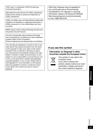 Page 1515
VQT5C22
Reference
Limited Warranty 
“DVD Logo” is a trademark of DVD Format/Logo 
Licensing Corporation.
Manufactured under license from Dolby Laboratories. 
Dolby and the double-D symbol are trademarks of 
Dolby Laboratories.
HDMI, the HDMI Logo, and High-Deﬁ nition Multimedia 
Interface are trademarks or registered trademarks of 
HDMI Licensing LLC in the United States and other 
countries.
MPEG Layer-3 audio coding technology licensed from 
Fraunhofer IIS and Thomson.
This item incorporates copy...