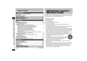 Page 22RQT8512
Table of contents
IMPORTANT SAFETY INSTRUCTIONS . . . . . . . . . . . . . . . . . . . . . . . . . . . 2
Accessories. . . . . . . . . . . . . . . . . . . . . . . . . . . . . . . . . . . . . . . . . . . . . . . . . 3
Discs that can be played  . . . . . . . . . . . . . . . . . . . . . . . . . . . . . . . . . . . . . . 4
Basic play  . . . . . . . . . . . . . . . . . . . . . . . . . . . . . . . . . . . . . . . . . . . . . . . . . . 9
Changing the play sequence . . . . . . . . . . . . . . . . . . . ....