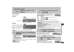 Page 1111RQT8512
Convenient functions
Press [QUICK OSD].Basics ------------>  Details 
^-------- Off ,-------b∫Basics
∫Details≥[MPEG4] “Video” and “Audio” information is not displayed during search.1 Press [ADVANCED DISC 
REVIEW].
Reviews each title/program.
2Press [
1] (PLAY) when you 
find a title/program to play.
≥You can also review each 10 minutes. Select “Interval Mode”  (➜page 19, “Advanced 
Disc Review” in “Disc”  tab).
≥This may not work depending on the play position.
≥[DVD-VR] Does not work:
– with...