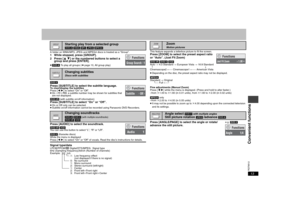 Page 1313RQT8512
A folder on WMA/MP3, JPEG and MPEG4 discs is treated as a “Group”.1 While stopped, press [GROUP].
2 Press [34] or the numbered buttons to select a 
group and press [ENTER].≥[DVD-A] To play all groups (➜ page 10, All group play)
[DVD-V]
 
Press [SUBTITLE] to select the subtitle language.To clear/display the subtitles
Press [21] to select “On” or “Off”.
≥On iR/iRW, a subtitle number may be shown for subtitles that 
are not displayed. 
[DVD-VR]
 (with subtitle on/off information)
Press [SUBTITLE]...