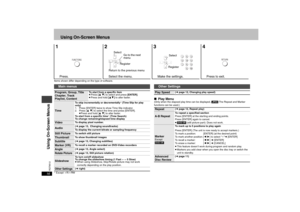 Page 1616
RQT8512
Using On-Screen Menus
Items shown differ depending on the type of software.§ Except iR/iRW
∫Play Menu(Only when the elapsed play time can be displayed, [JPEG] The Repeat and Marker 
functions can be used.)
1234
Press. Select the menu. Make the settings. Press to exit.
FUNCTIONS
ENTERSelect
Go to the next 
menu
Register
Return to the previous menu
123
456
789
0
10
ENTER
RegisterSelect
RETURN
Main menusProgram, Group, Title
Chapter, Track
Playlist, Content
To start from a specific item
≥Press [3...